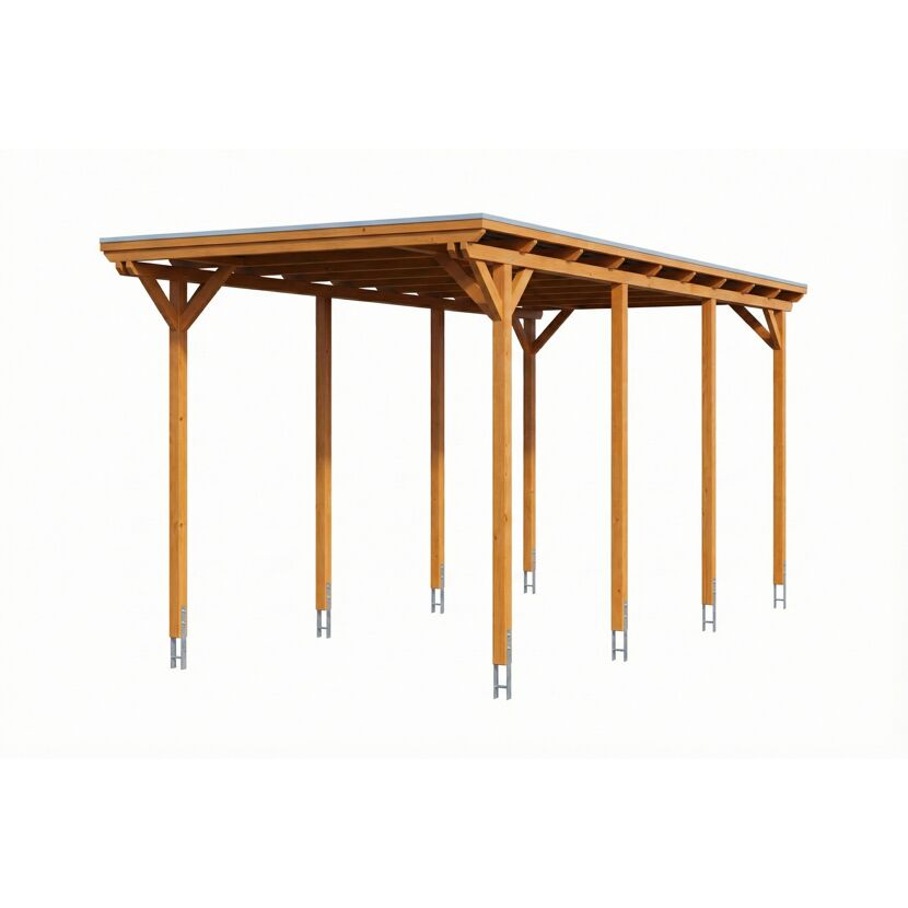 Einzelcarport 'Emsland Caravan' Eiche hell 402 x 846 cm mit Stahl-Dachplatten