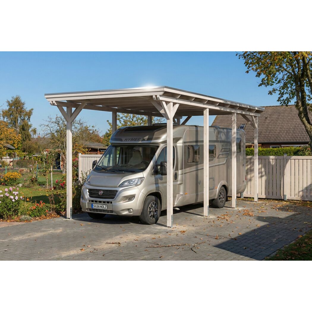 Einzelcarport 'Emsland Caravan' weiß 402 x 846 cm, Stahl-Dachplatten mit Antikondensvlies