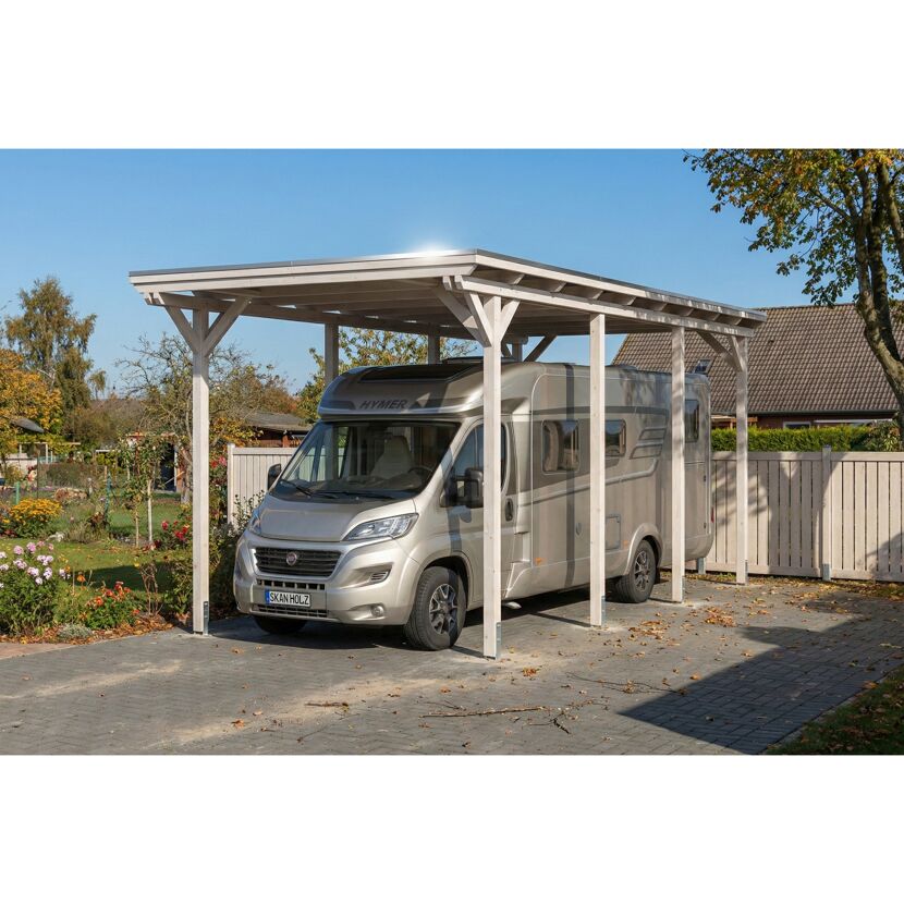 Einzelcarport 'Emsland Caravan' weiß 402 x 846 cm, Stahl-Dachplatten mit Antikondensvlies