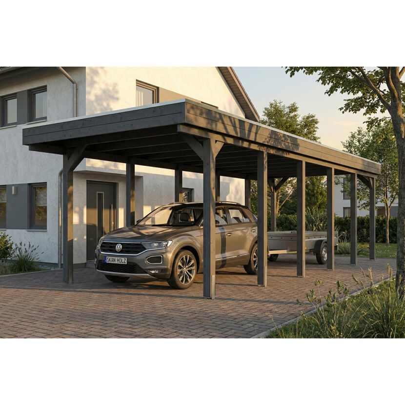 Einzelcarport 'Friesland' schiefergrau 320 x 860 cm mit Stahl-Dachplatten