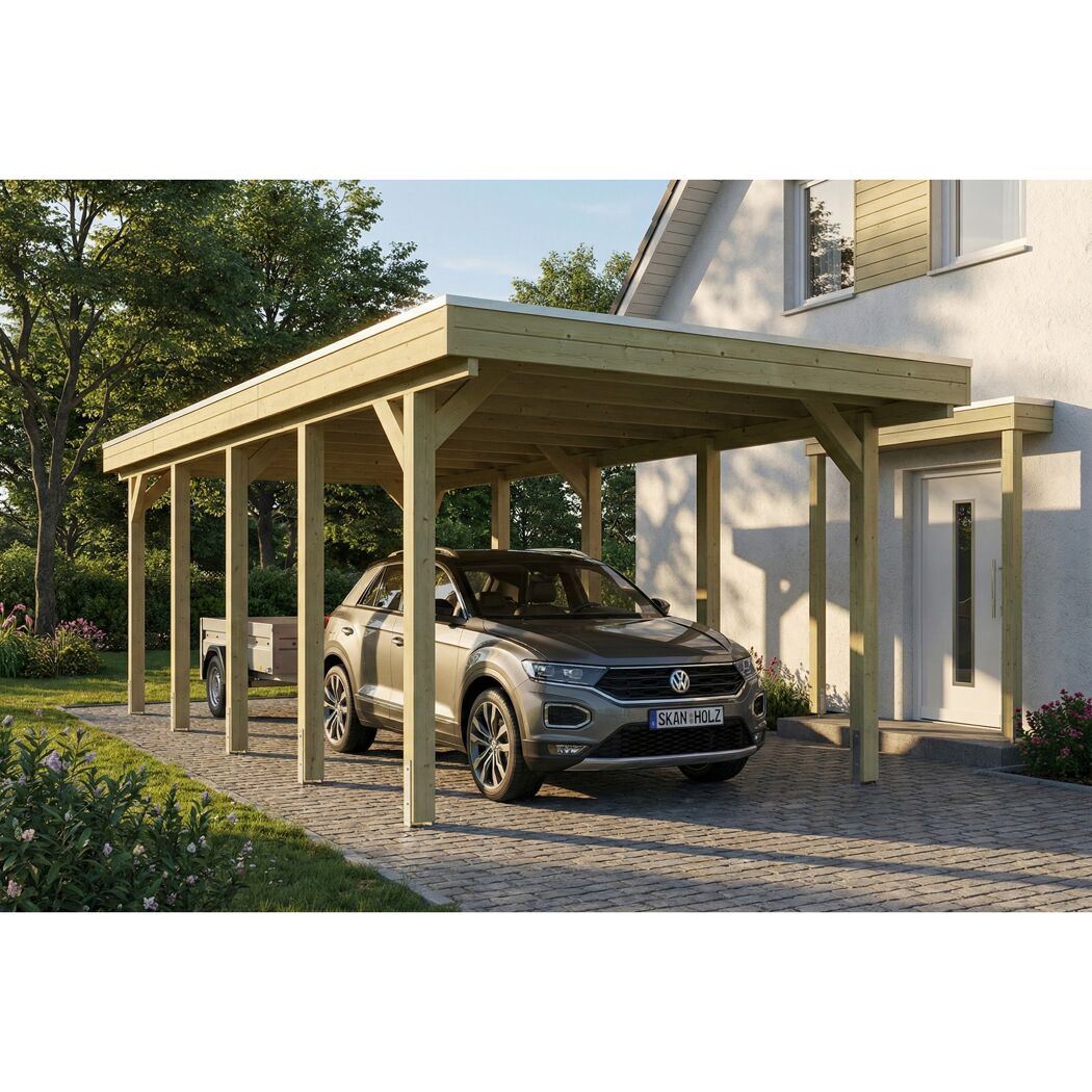 Einzelcarport 'Friesland' grün imprägniert 320 x 860 cm mit Stahl-Dachplatten