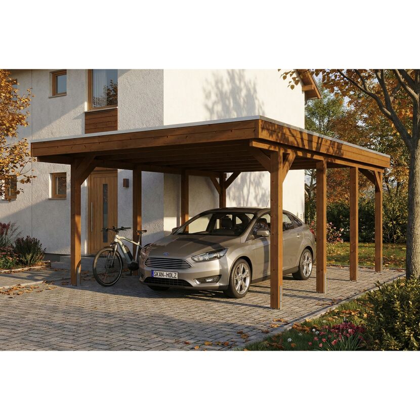 Einzelcarport 'Friesland' nussbaumfarben 402 x 555 cm mit EPDM-Dach