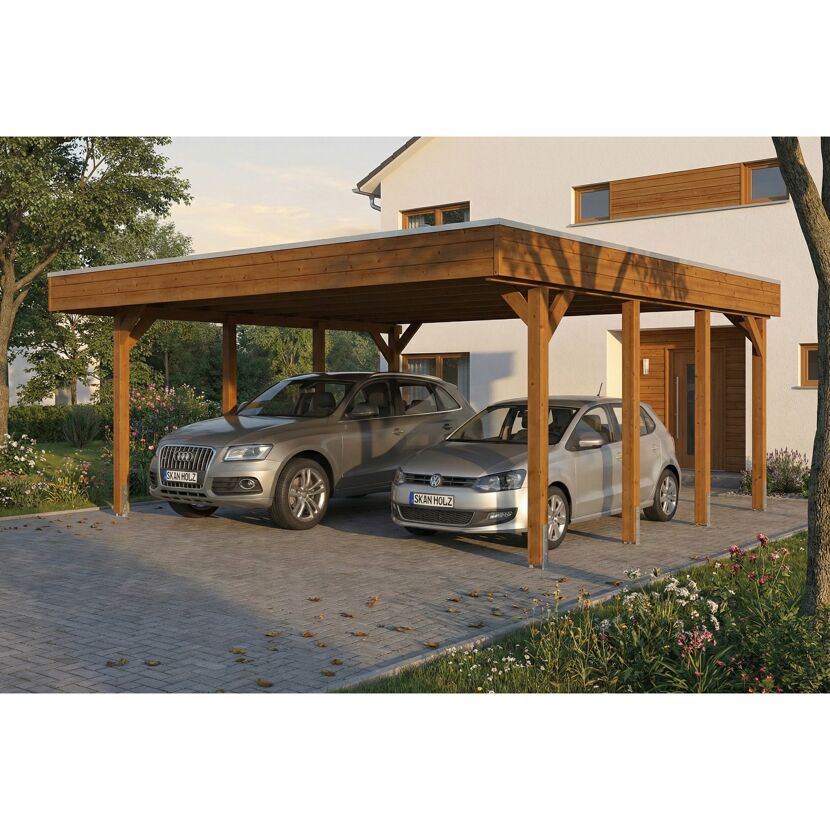 Doppelcarport 'Friesland' nussbaumfarben 546 x 555 cm mit Stahl-Dachplatten