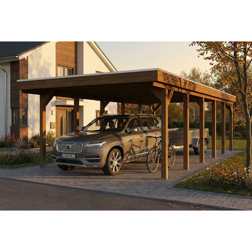 Einzelcarport 'Friesland' nussbaumfarben 402 x 860 cm mit Stahl-Dachplatten