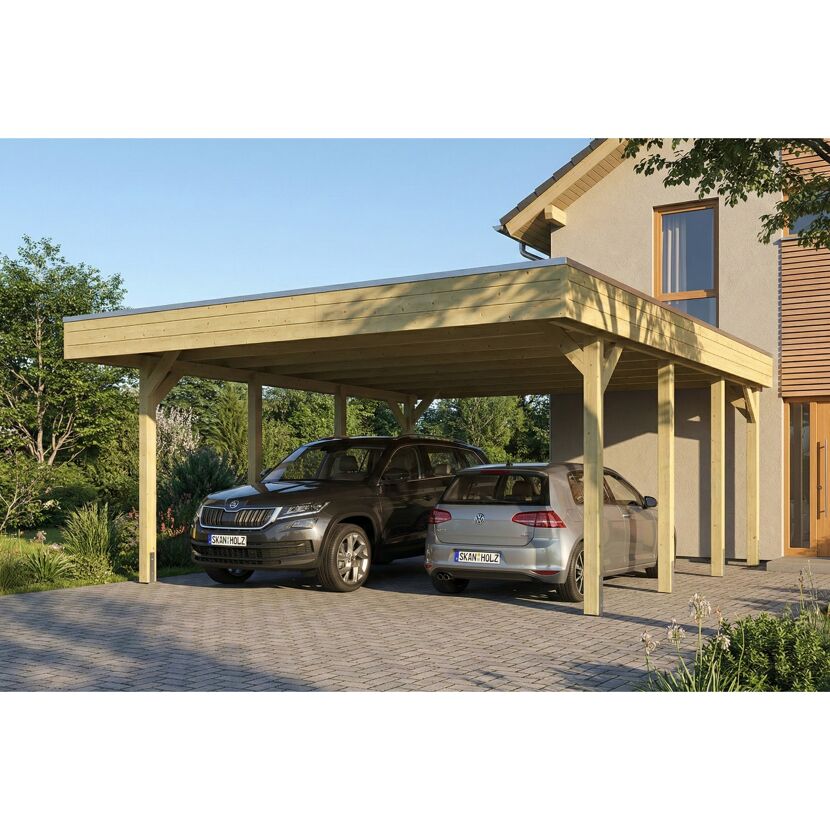 Doppelcarport 'Friesland' grün imprägniert 546 x 555 cm mit Stahl-Dachplatten