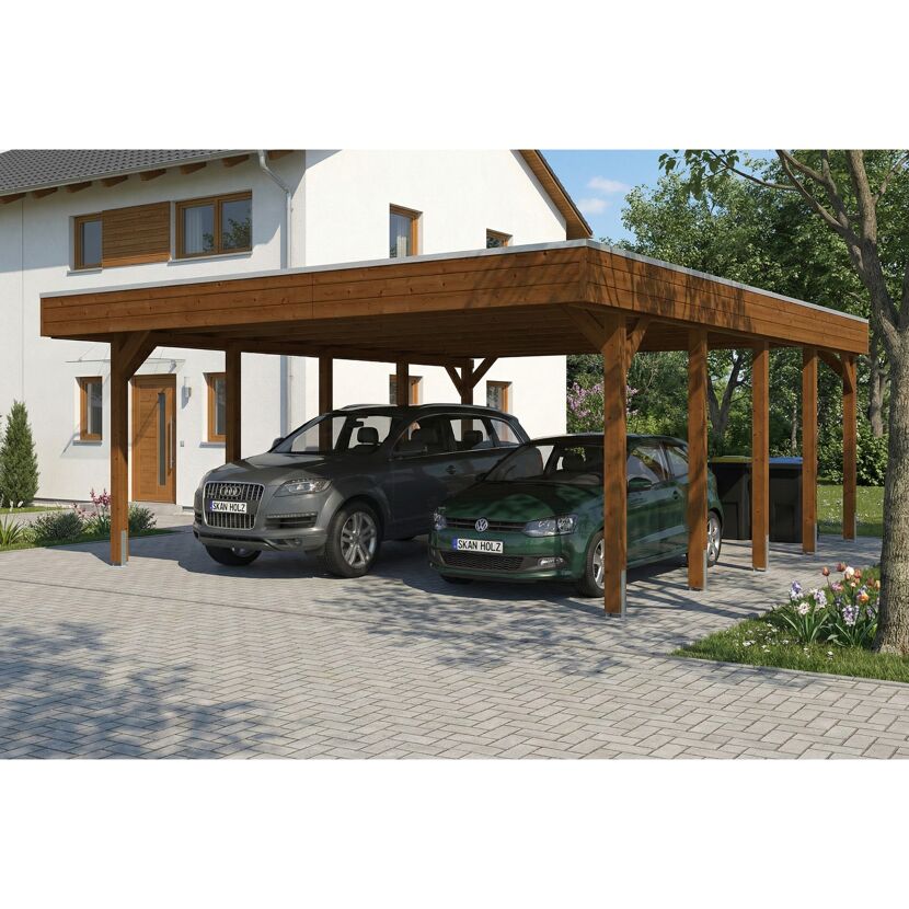Doppelcarport 'Friesland' nussbaumfarben 546 x 708 cm mit EPDM-Dach