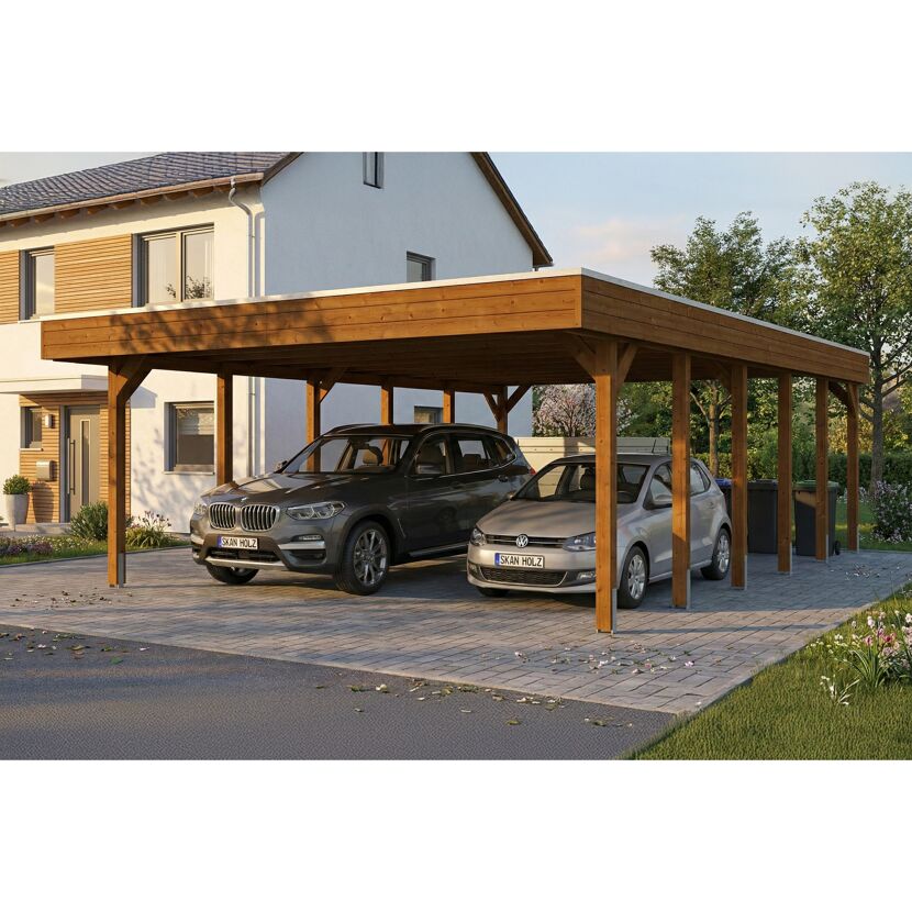Doppelcarport 'Friesland' nussbaumfarben 546 x 860 cm mit Stahl-Dachplatten