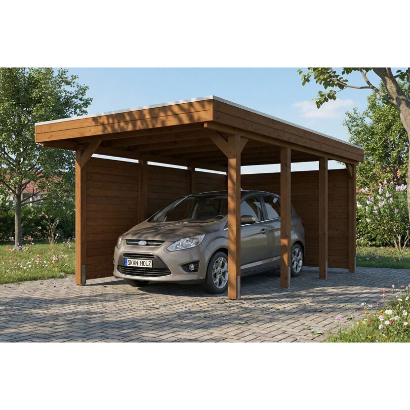 Einzelcarport 'Friesland' Set A nussbaumfarben 320 x 555 cm mit Seiten- und Rückwand