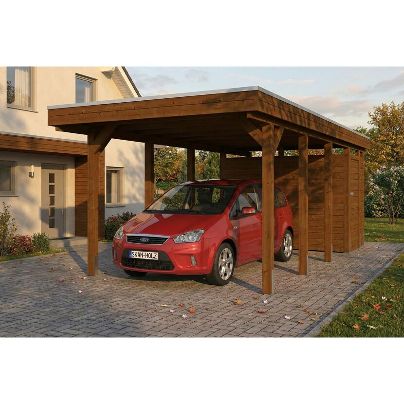 Einzelcarport 'Friesland' Set B nussbaumfarben 320 x 708 cm mit Abstellraum