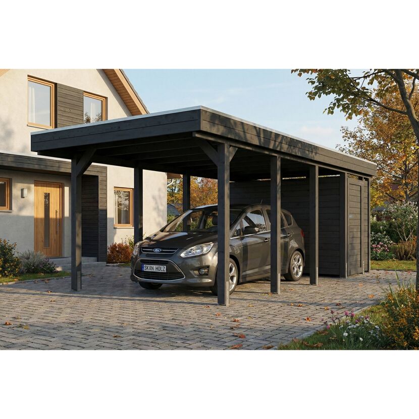 Einzelcarport 'Friesland' Set B anthrazit 320 x 708 cm mit Abstellraum