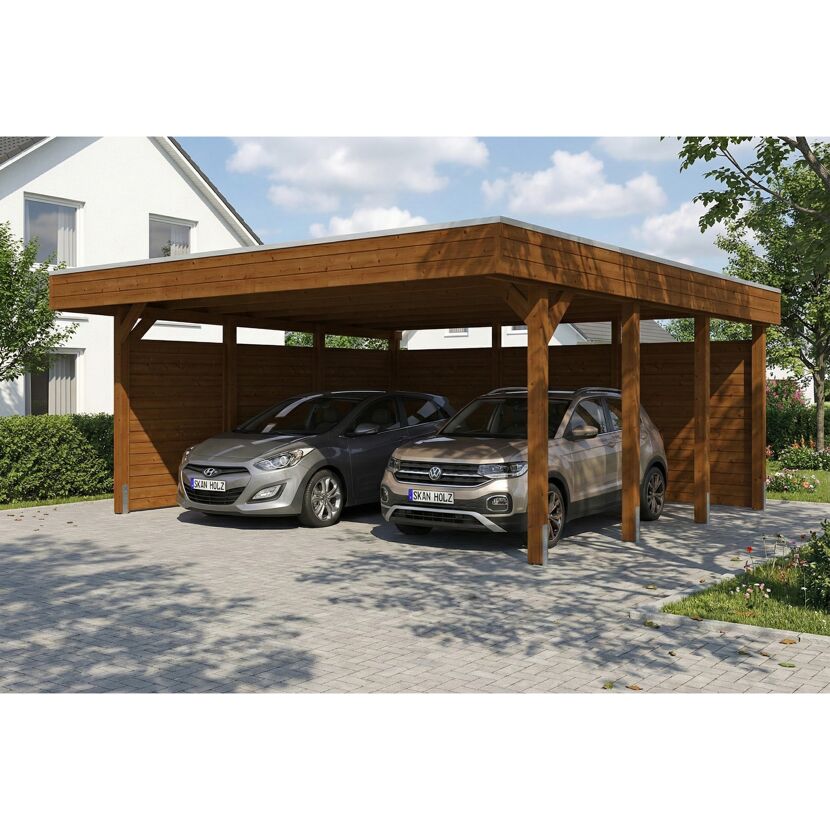 Einzelcarport 'Friesland' Set C nussbaumfarben 546 x 555 cm mit Seiten- und Rückwand