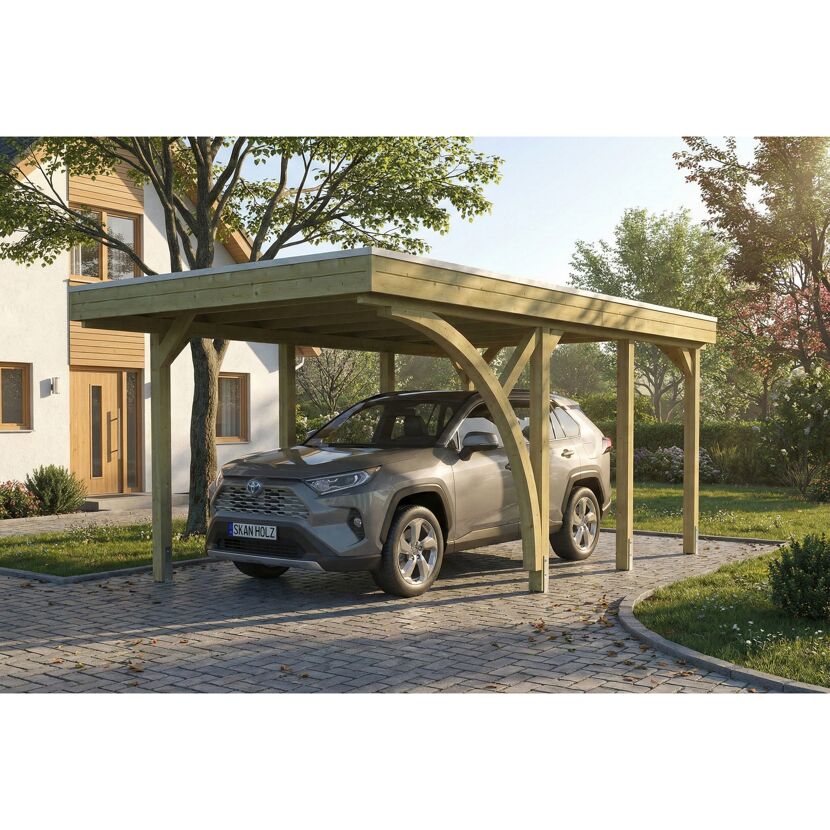 Einzelcarport 'Friesland' Set E grün imprägniert 320 x 555 cm mit Einfahrtsbogen