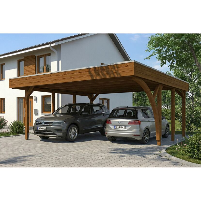 Einzelcarport 'Friesland' Set G nussbaumfarben 546 x 555 cm mit Einfahrtsbogen