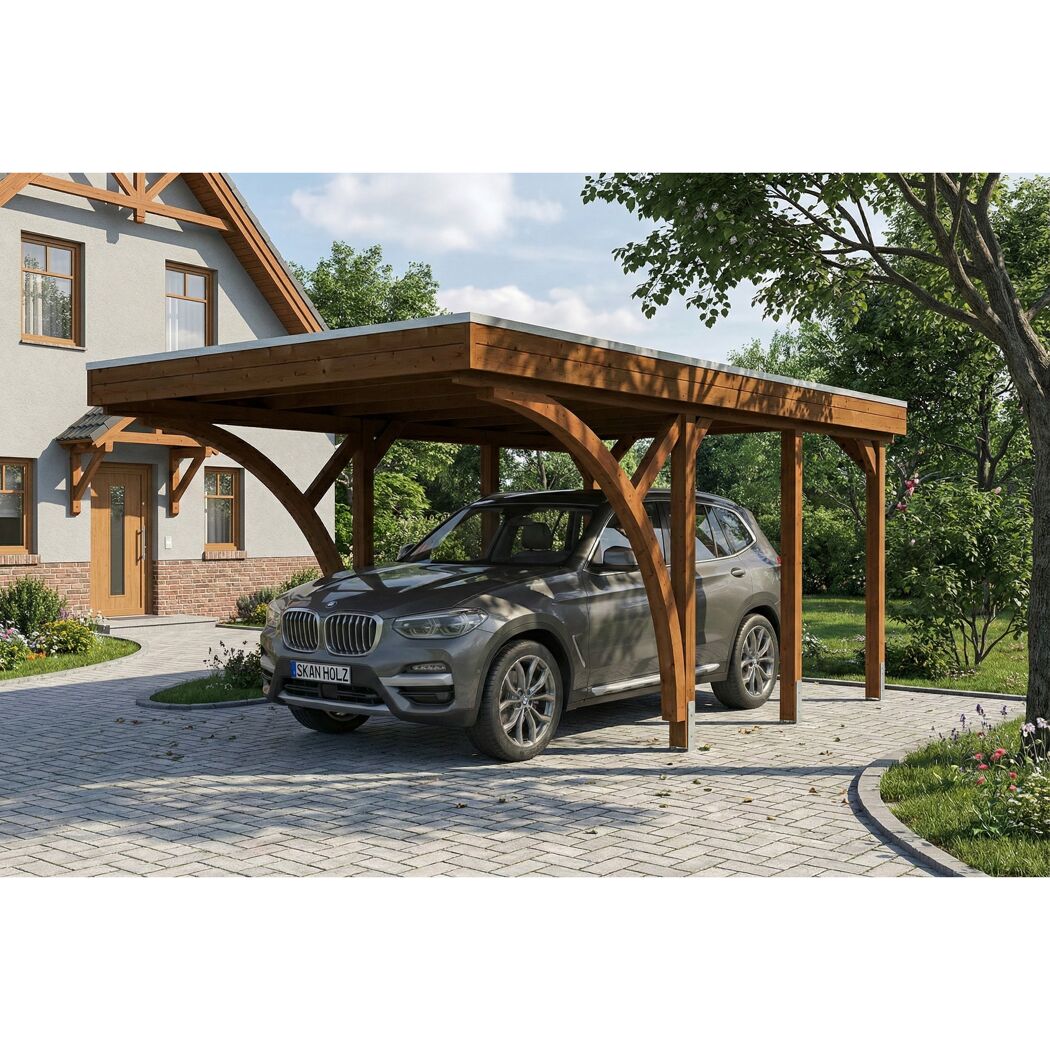 Einzelcarport 'Friesland' Set F nussbaumfarben 320 x 555 cm mit zwei Einfahrtsbögen