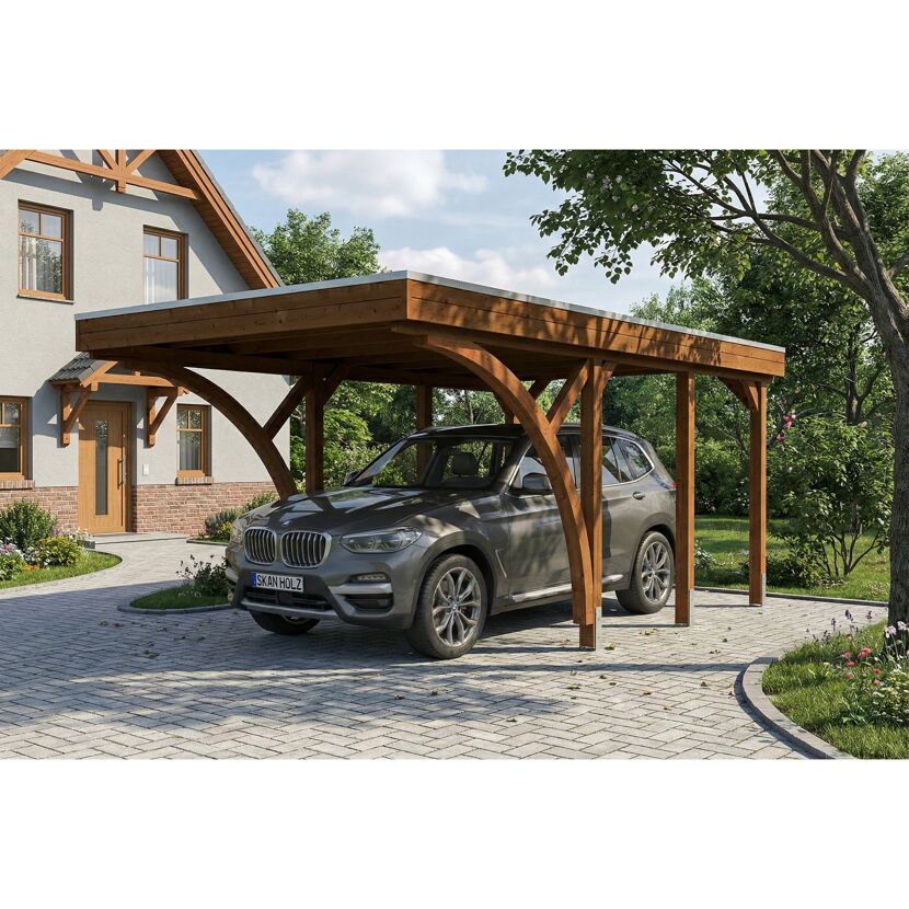 Einzelcarport 'Friesland' Set F nussbaumfarben 320 x 555 cm mit zwei Einfahrtsbögen