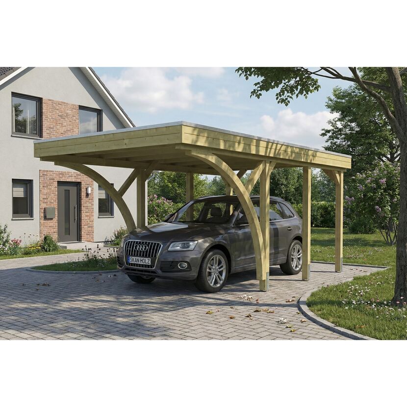 Einzelcarport 'Friesland' Set F grün imprägniert 320 x 555 cm mit zwei Einfahrtsbögen