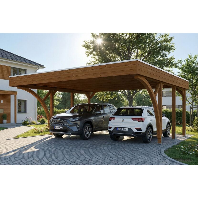 Einzelcarport 'Friesland' Set H nussbaumfarben 546 x 555 cm mit zwei Einfahrtsbögen