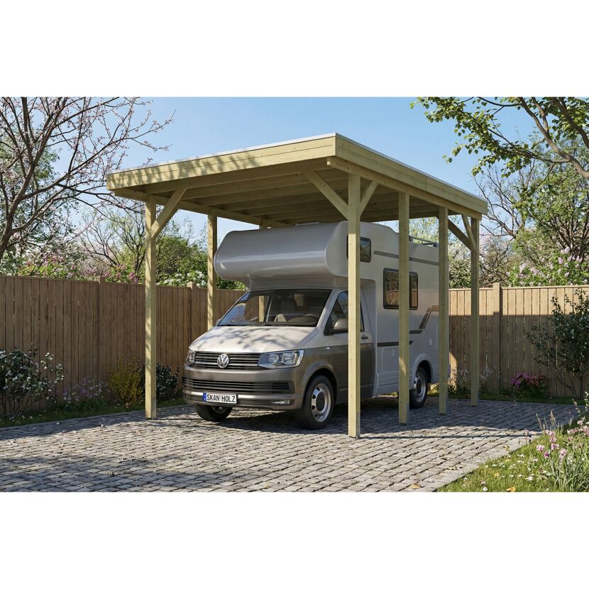 Caravan-Carport 'Friesland' grün imprägniert 402 x 555 cm, mit Stahl-Dachplatten