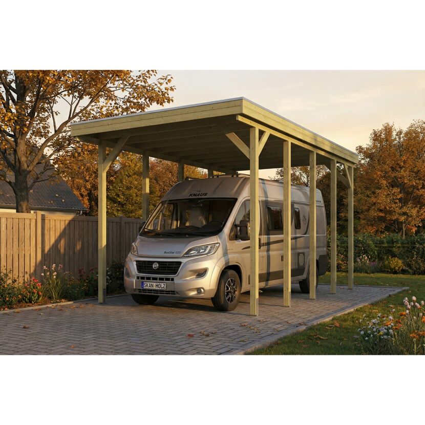 Caravan-Carport 'Friesland' grün imprägniert 402 x 708 cm, mit Stahl-Dachplatten