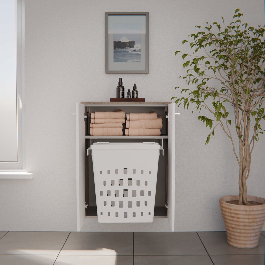 Midischrank 'B.Style' Nature Oak, weiß mit Wäschekorb.