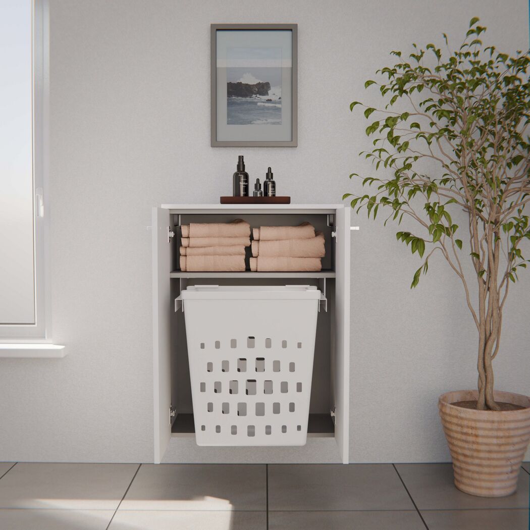 Midischrank 'B.Style' weiß, offen mit Wäschekorb.