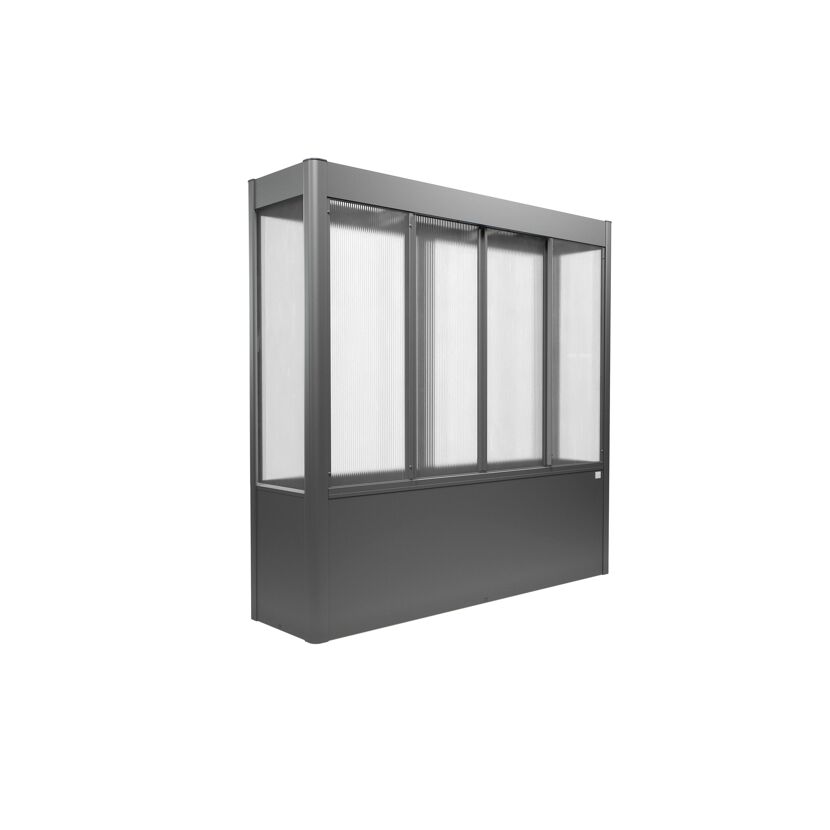 Gewächshaus Florentina quarzgrau-metallic mit transparenten Paneelen.