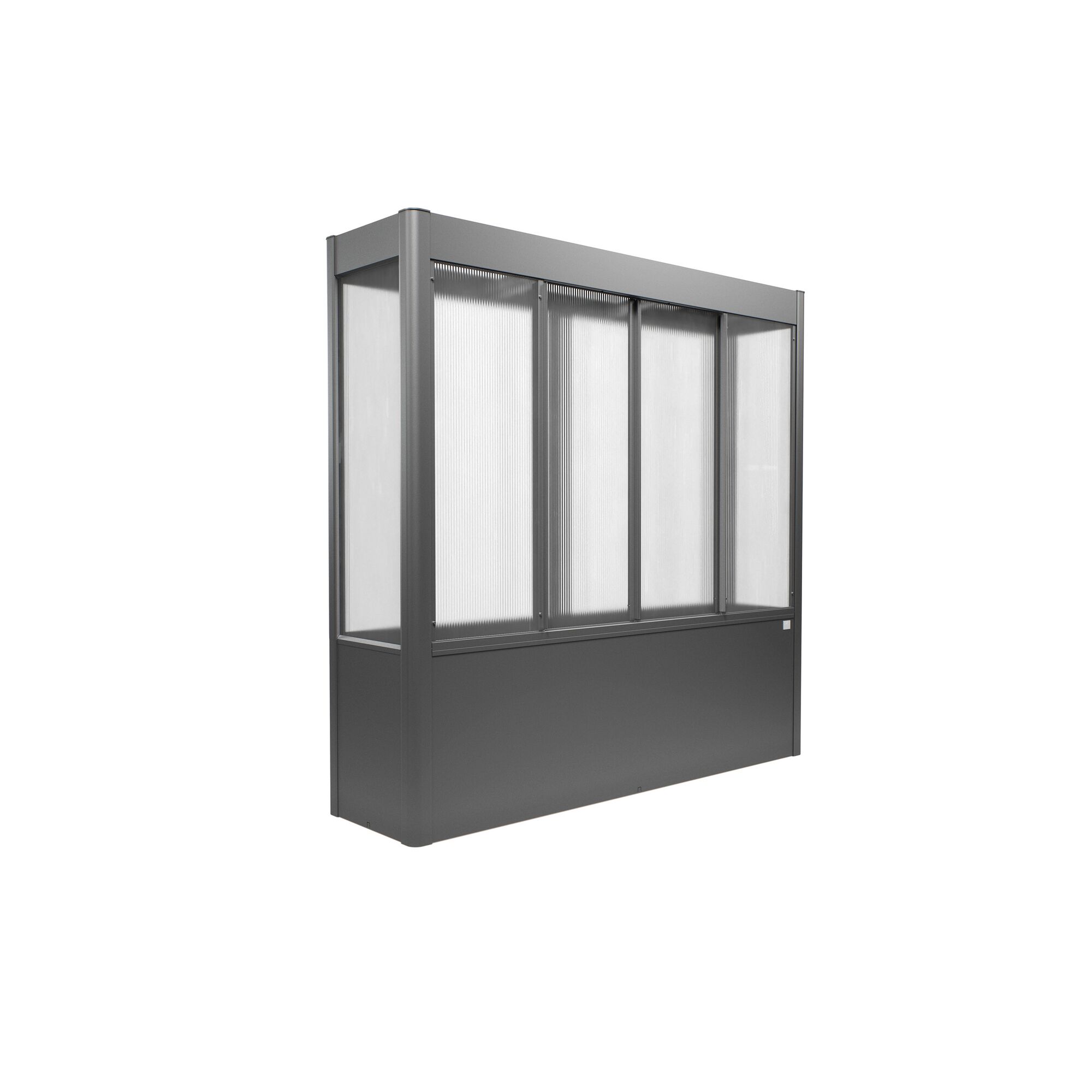 Gewächshaus Florentina quarzgrau-metallic mit transparenten Paneelen.