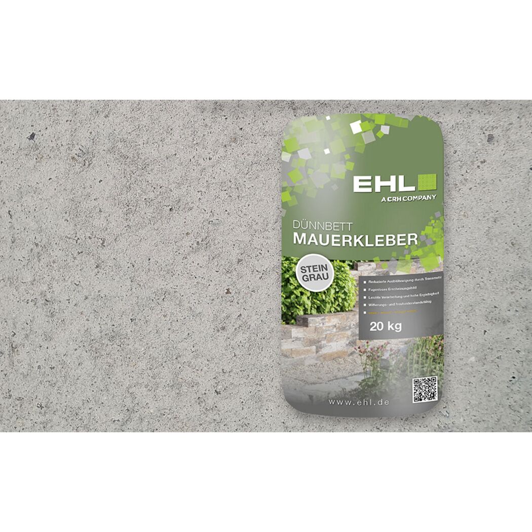 EHL Dünnbett Mauerkleber steingrau 20 kg auf grauem Untergrund.