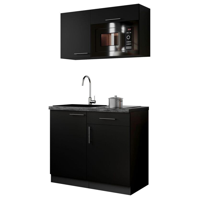 Küchenzeile 'Oliver' mit E-Geräten schwarz/grau 100 cm