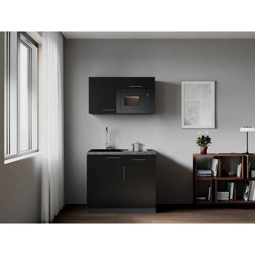 Küchenzeile 'Oliver' mit E-Geräten schwarz/grau 100 cm