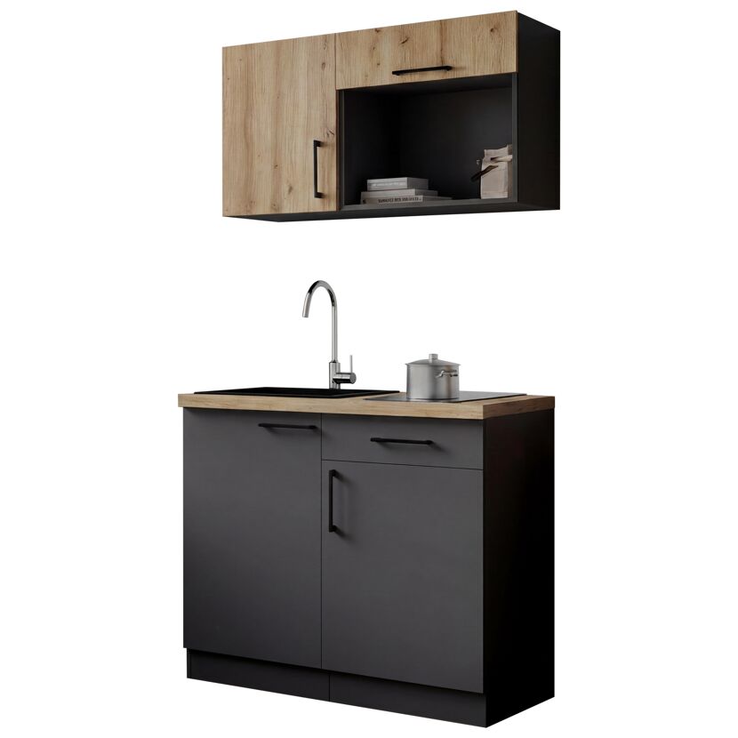 Küchenzeile 'Oliver' mit E-Geräten eichefarben/grau 100 cm