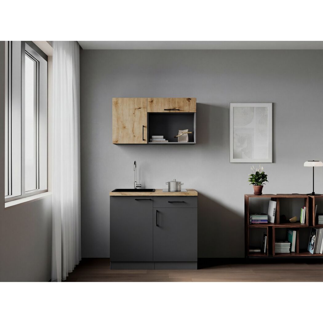Küchenzeile 'Oliver' mit E-Geräten eichefarben/grau 100 cm