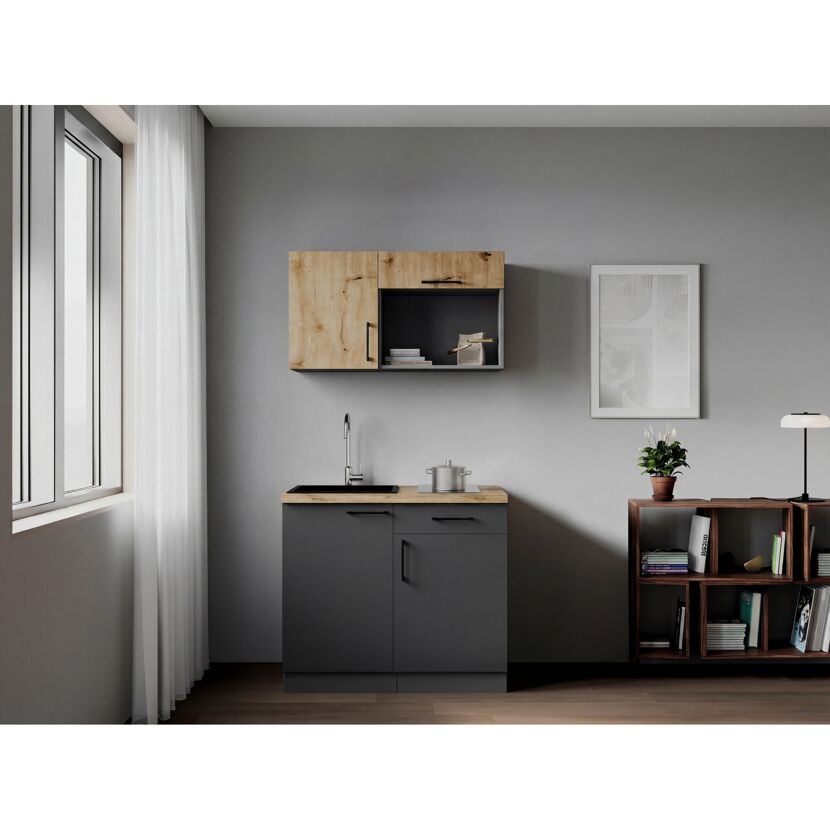 Küchenzeile 'Oliver' mit E-Geräten eichefarben/grau 100 cm