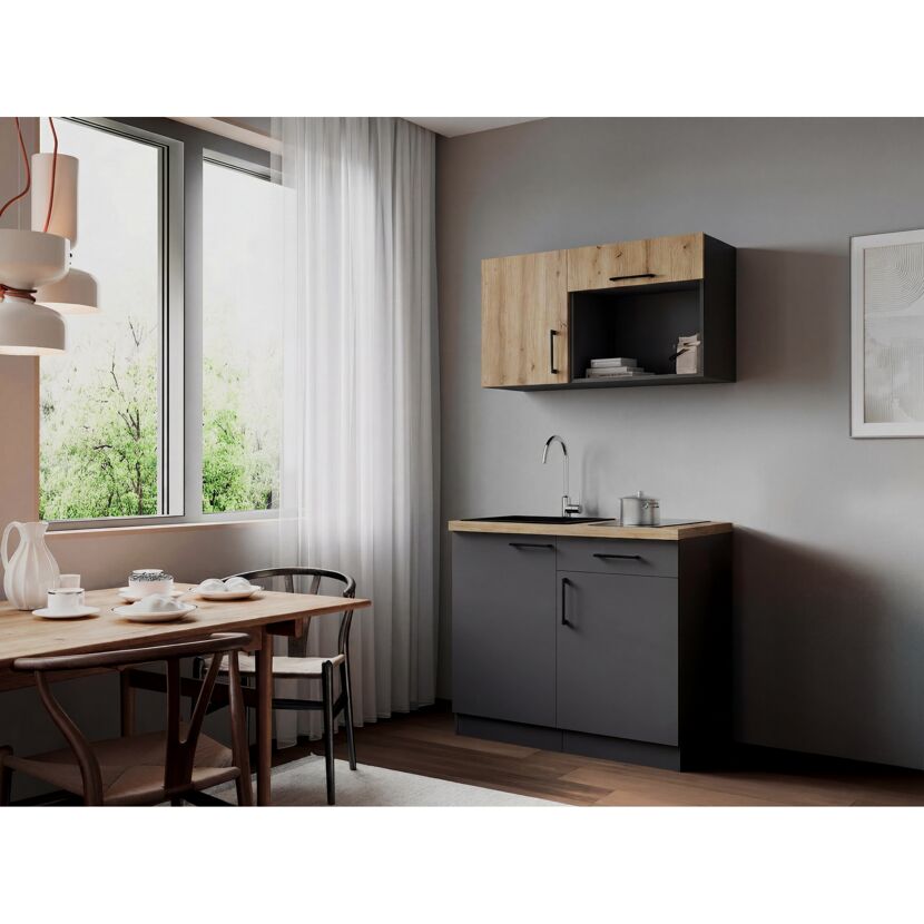 Küchenzeile 'Oliver' mit E-Geräten eichefarben/grau 100 cm