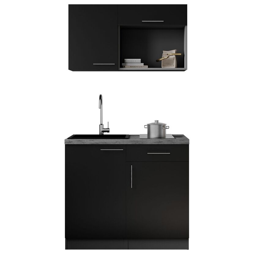 Küchenzeile 'Oliver' mit E-Geräten schwarz/grau 100 cm