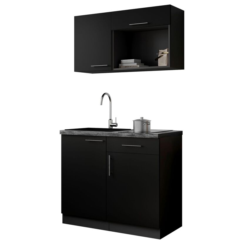 Küchenzeile 'Oliver' mit E-Geräten schwarz/grau 100 cm