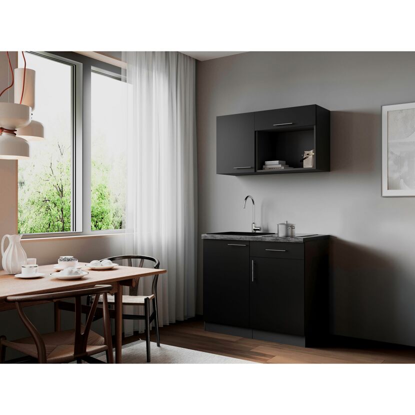 Küchenzeile 'Oliver' mit E-Geräten schwarz/grau 100 cm
