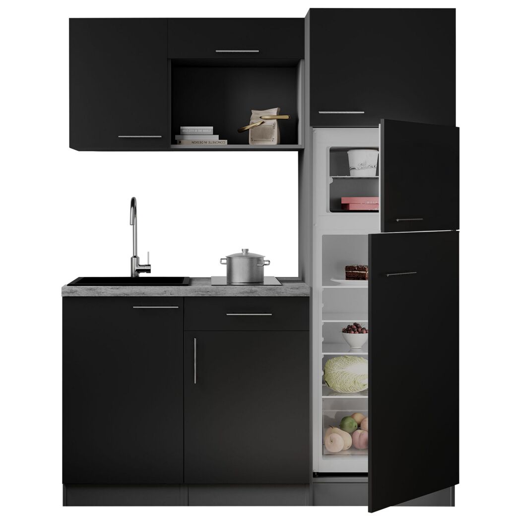 Küchenzeile 'Oliver' mit E-Geräten schwarz/grau 160 cm
