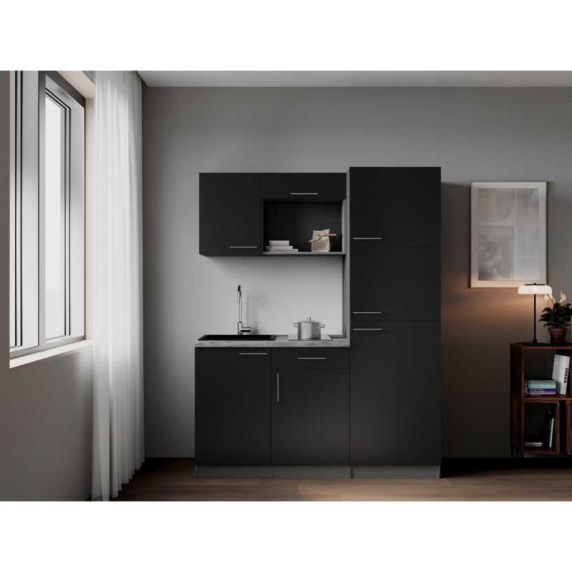 Küchenzeile 'Oliver' mit E-Geräten schwarz/grau 160 cm