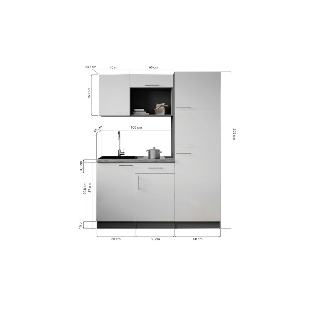 Küchenzeile 'Oliver' mit E-Geräten weiß/grau 160 cm