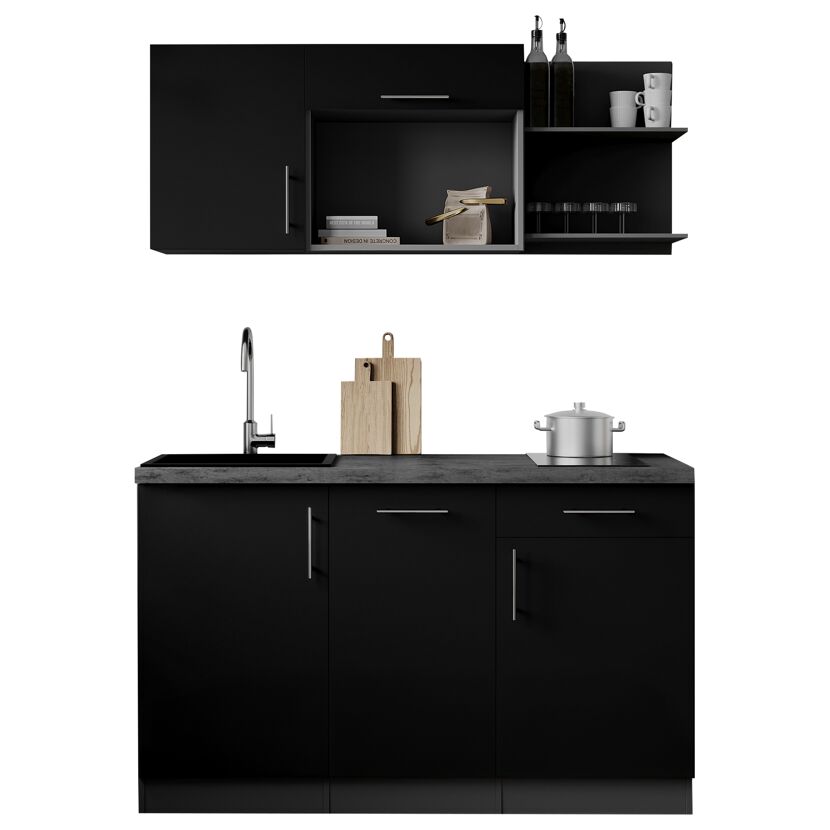 Küchenzeile 'Oliver' mit E-Geräten schwarz/grau 145 cm