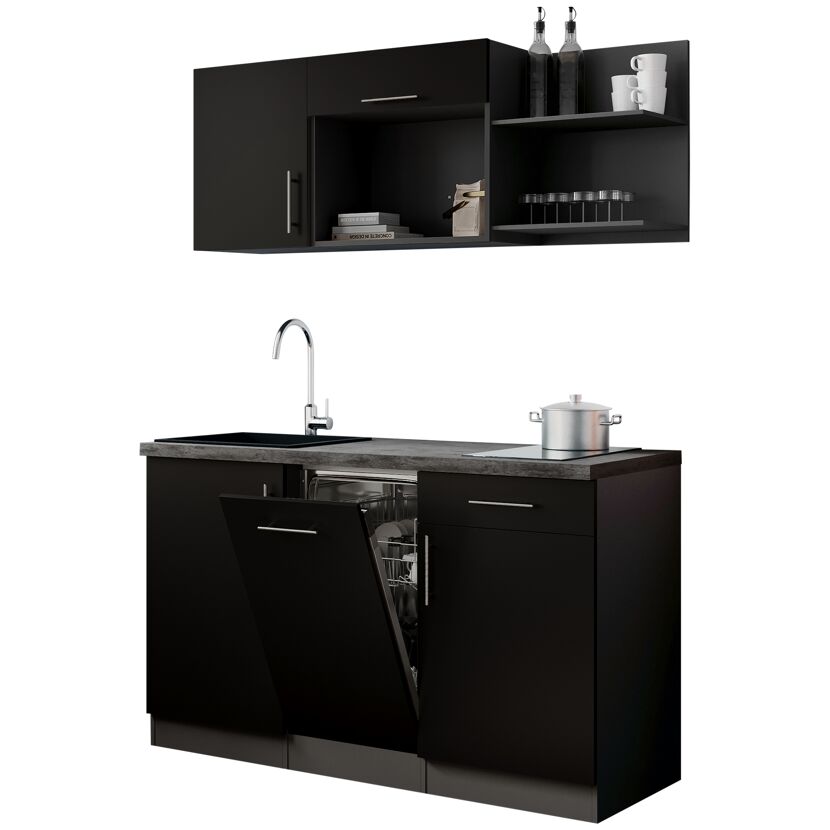 Küchenzeile 'Oliver' mit E-Geräten schwarz/grau 145 cm