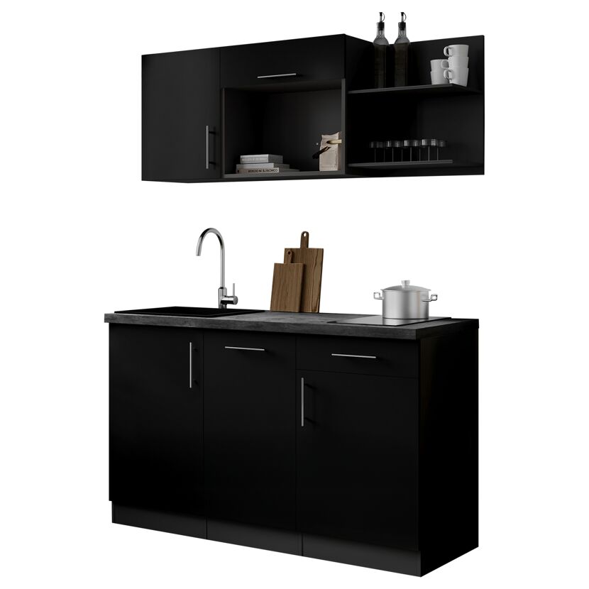 Küchenzeile 'Oliver' mit E-Geräten schwarz/grau 145 cm