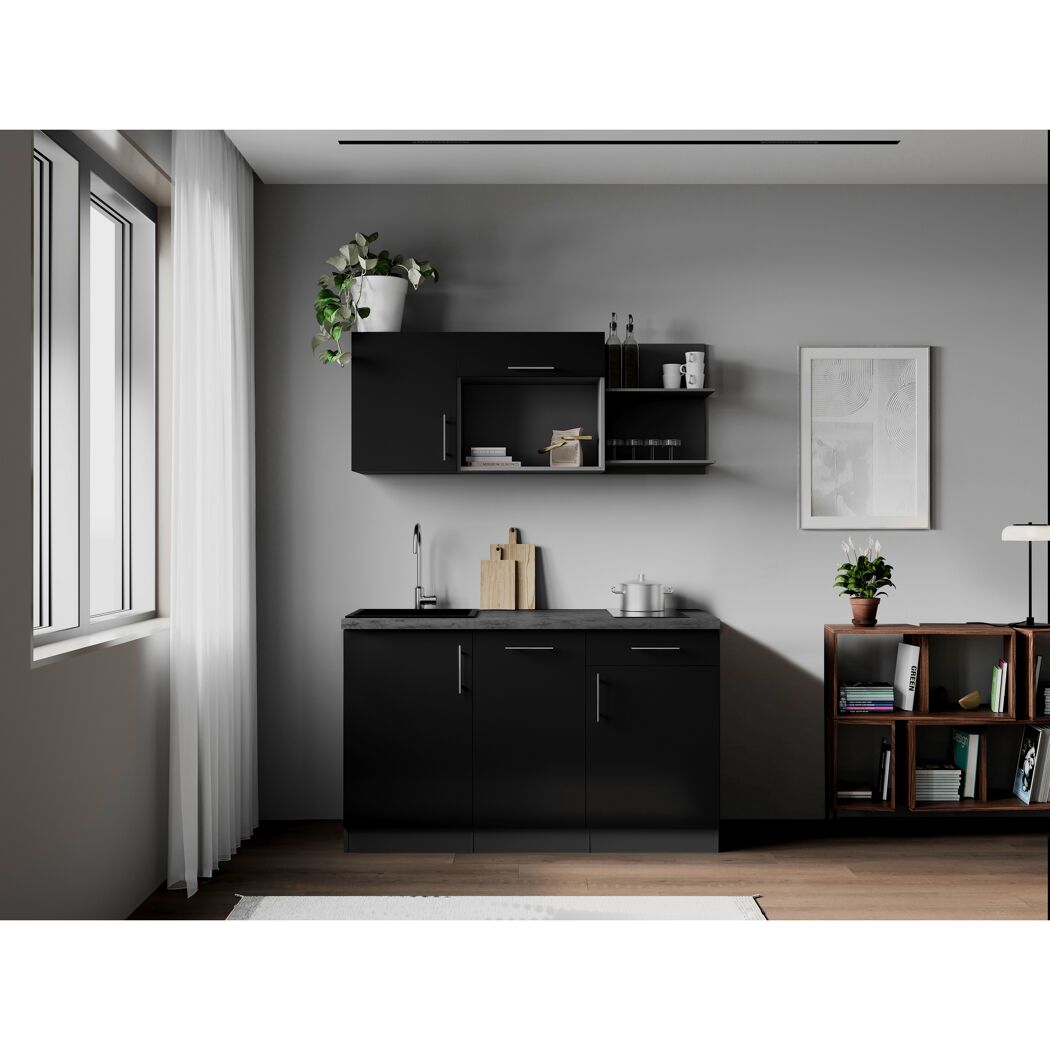 Küchenzeile 'Oliver' mit E-Geräten schwarz/grau 145 cm