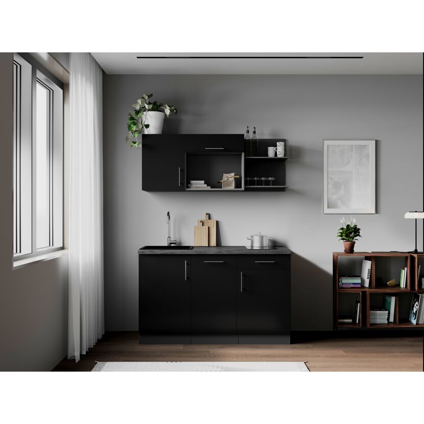 Küchenzeile 'Oliver' mit E-Geräten schwarz/grau 145 cm