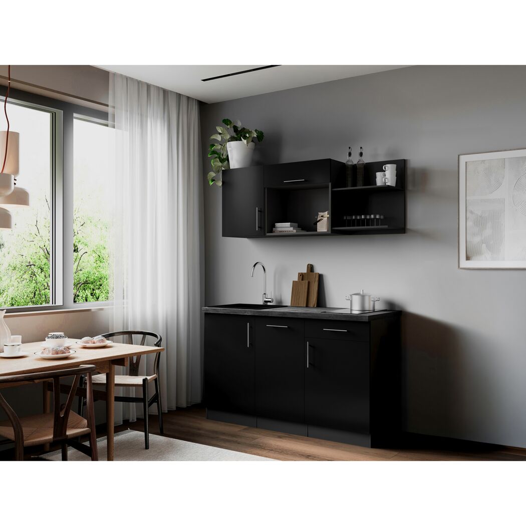 Küchenzeile 'Oliver' mit E-Geräten schwarz/grau 145 cm