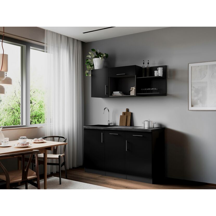 Küchenzeile 'Oliver' mit E-Geräten schwarz/grau 145 cm