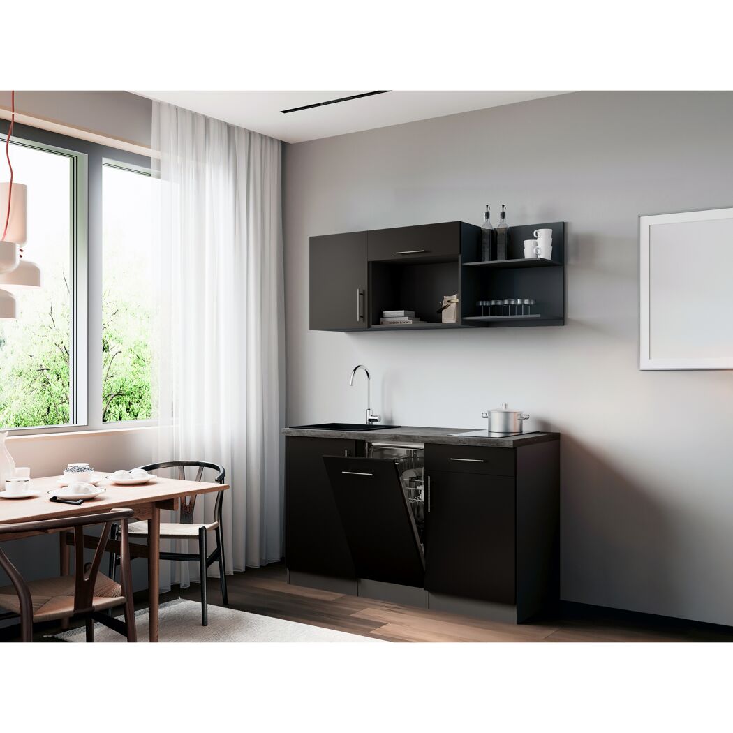 Küchenzeile 'Oliver' mit E-Geräten schwarz/grau 145 cm