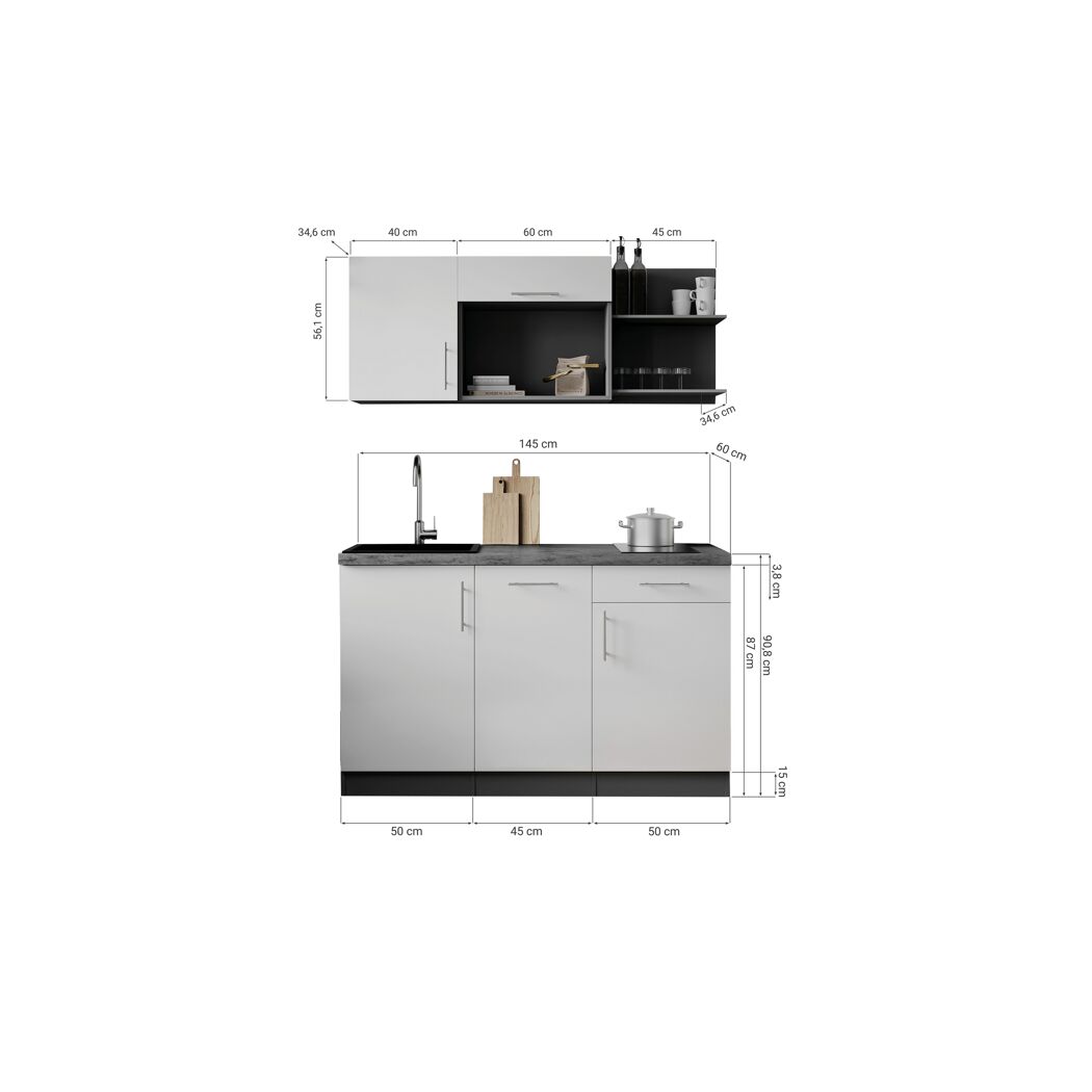 Küchenzeile 'Oliver' mit E-Geräten schwarz/grau 145 cm