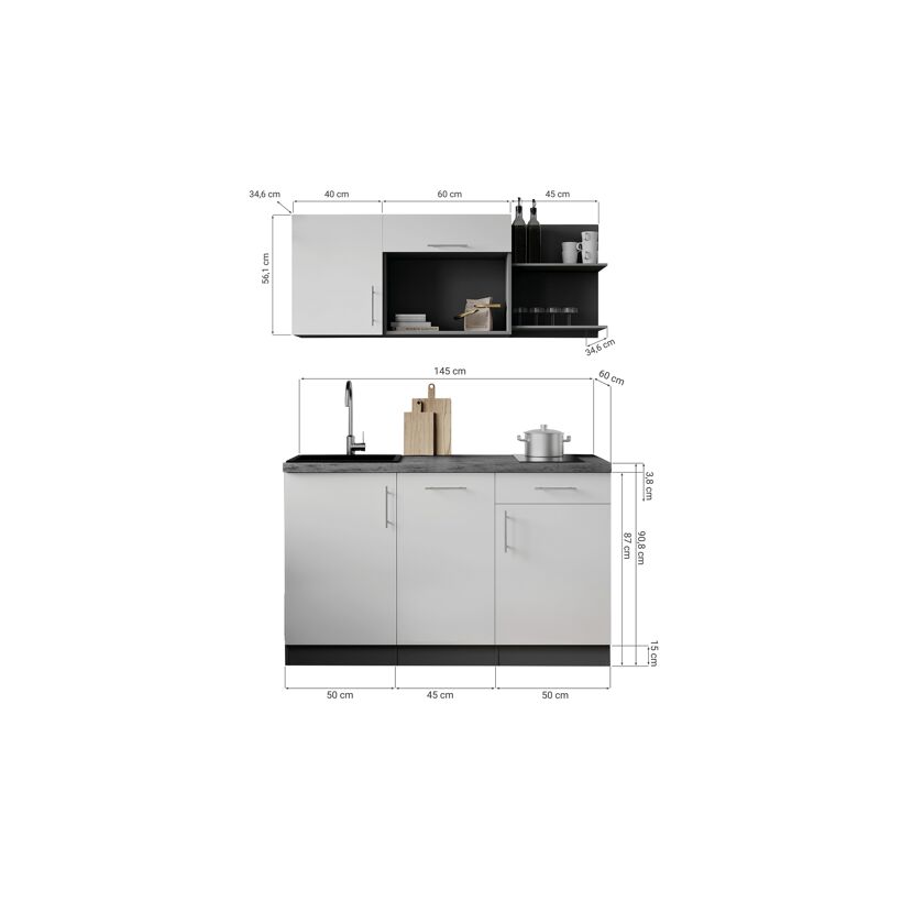 Küchenzeile 'Oliver' mit E-Geräten schwarz/grau 145 cm